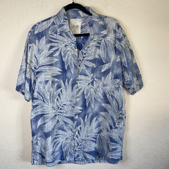 Tasso Elba Tropical Palm Hawaiian Silk Linen Shirt L SS resort beach Men - Picture 1 of 7